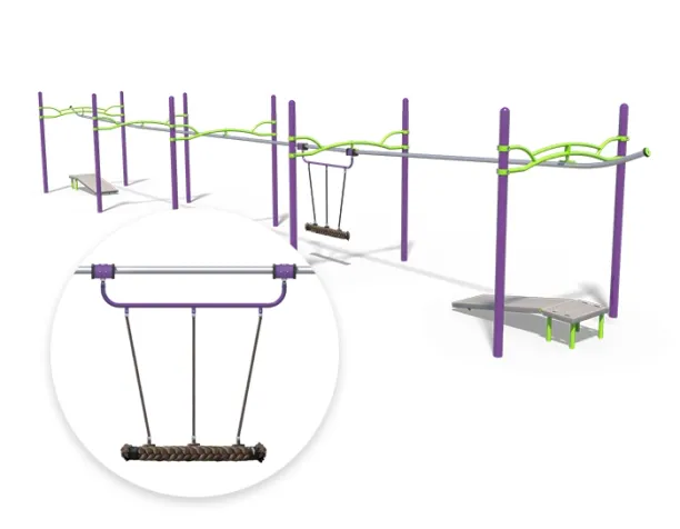 Purple and green zip line playground equipment with a wooden platform for launching.