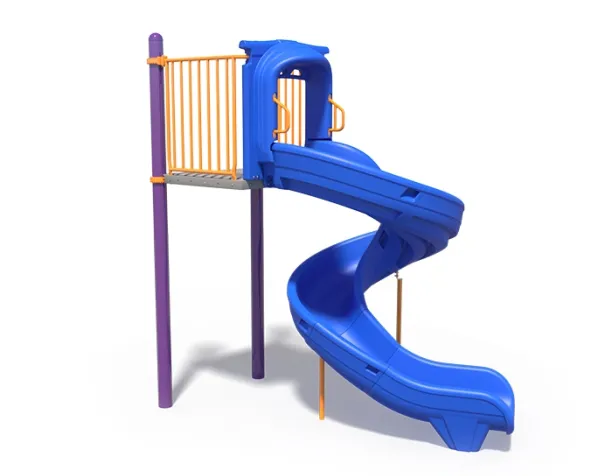 Blue spiral slide with orange and purple support structure on white background.