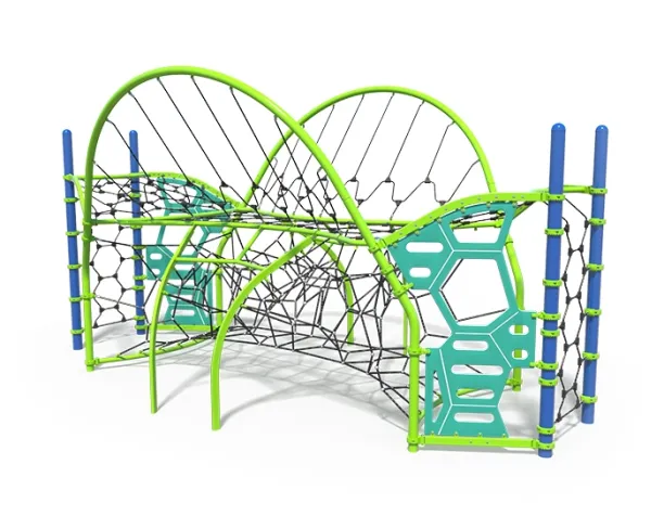 Colorful climbing structure with green and blue frames and black rope nets.