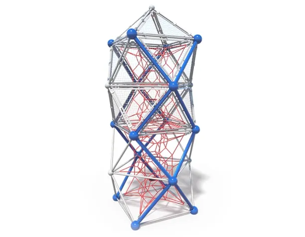 Tall geometric climbing structure with red netting and blue nodes.