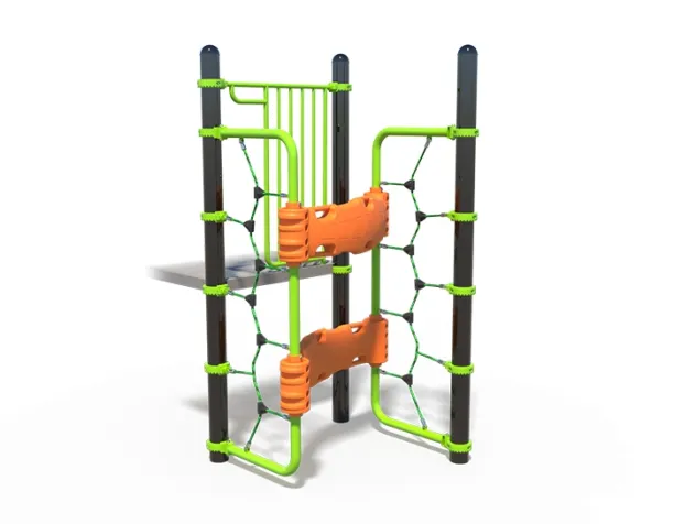 Green and orange climbing wall with nets and grips on black poles.