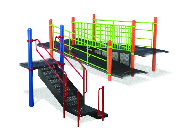 Inclusive playground structure with ramps and green railings on a white background.