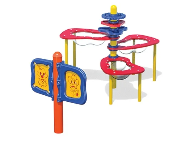 Colorful sensory play structure with red, blue, and yellow elements on white background.