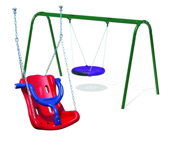 Inclusive swing set with a red adaptive seat and a round purple seat on a green frame.