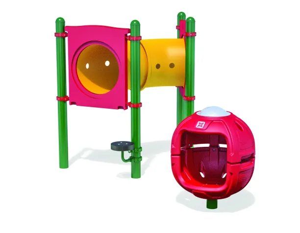 Colorful playground structure with a yellow tunnel and red enclosed sphere on green posts.