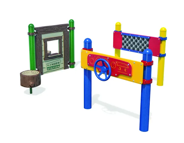 Colorful play panels including a ranger station and a steering wheel panel on a white background.
