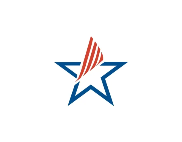 Blue star outline with red striped abstract shape inside on white background.