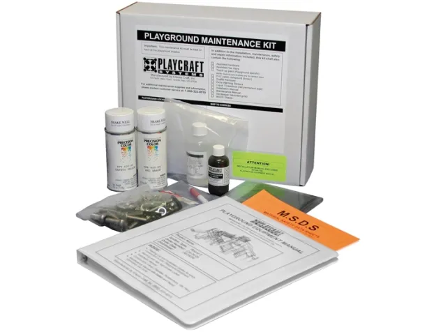 Playground maintenance kit with bottles, hardware, and instruction manual.