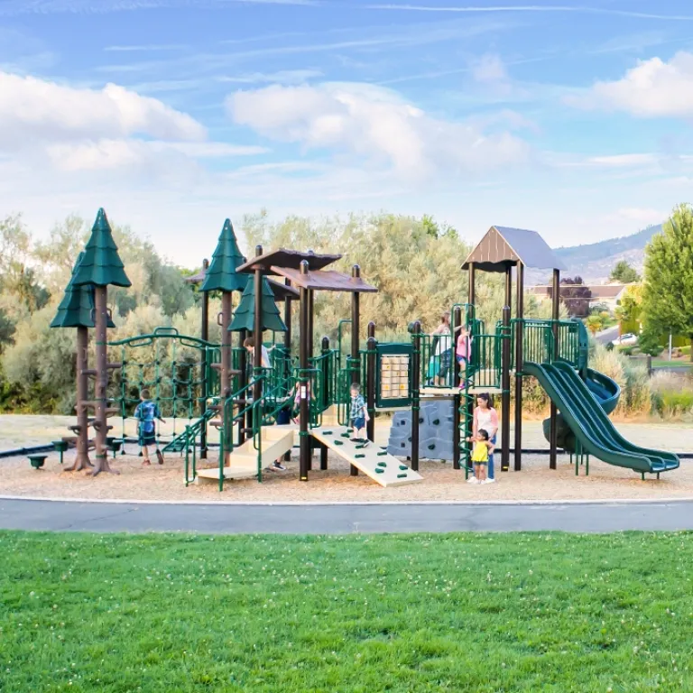 Children playing on green and tan playground with slides and climbing structures under a blue sky.