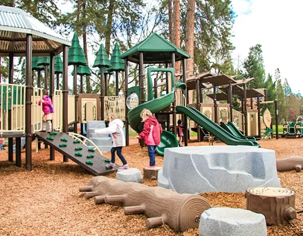Children playing on themed playground with slides and climbing structures in a wooded area.