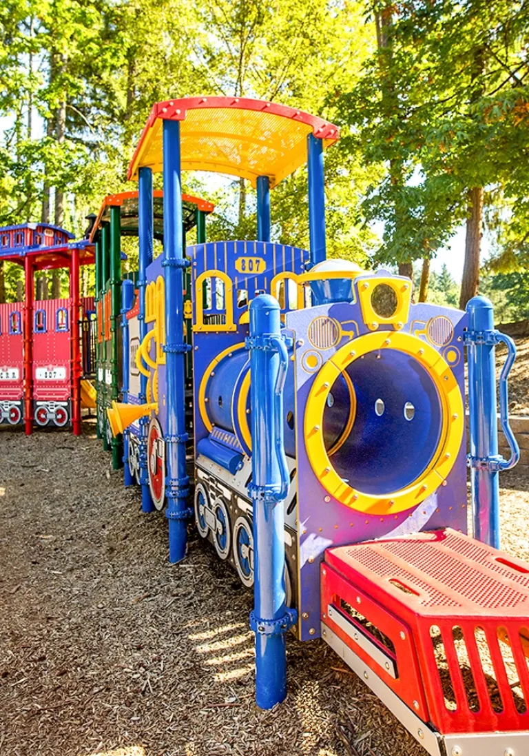 Colorful train-themed play structure with blue, yellow, and red panels under trees on mulch ground.