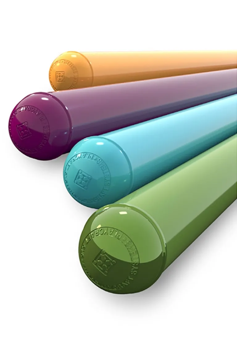 Four colorful powder-coated metal bars in orange, purple, blue, and green against a white background.