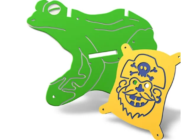 Green frog and yellow pirate-themed HDPE panels with cutout designs.