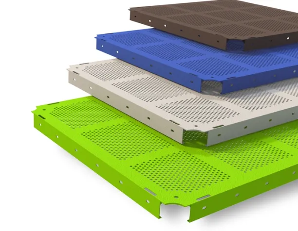 Stack of four perforated metal panels in brown, blue, beige, and green.