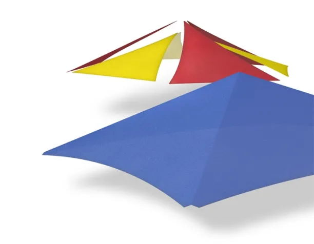 Colorful geometric shade canopies in red, yellow, and blue on a white background.