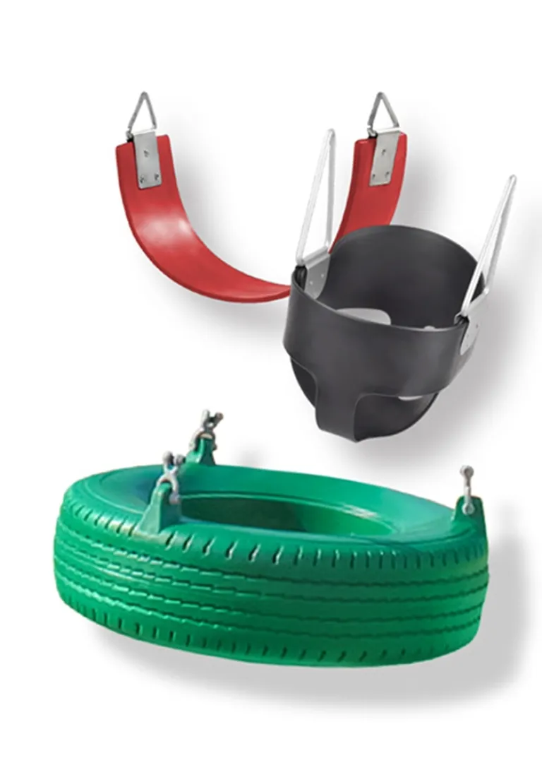 Three swing seats including a red belt seat, black bucket seat, and green tire swing.
