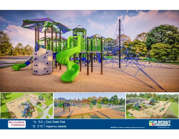 Green and blue playground with slides and rope climbing structures surrounded by trees.