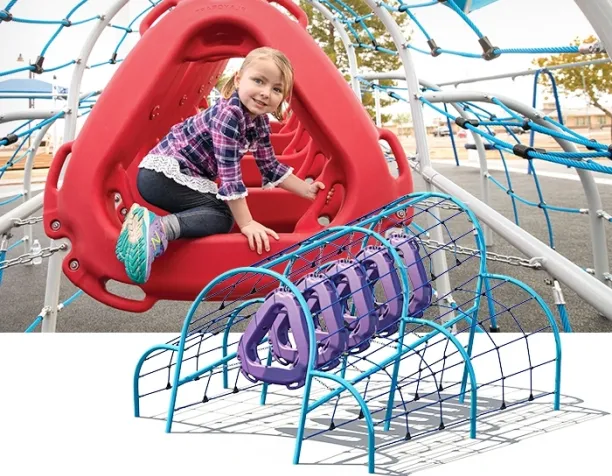 Girl climbing through a red tunnel with blue and purple climbing structures nearby.