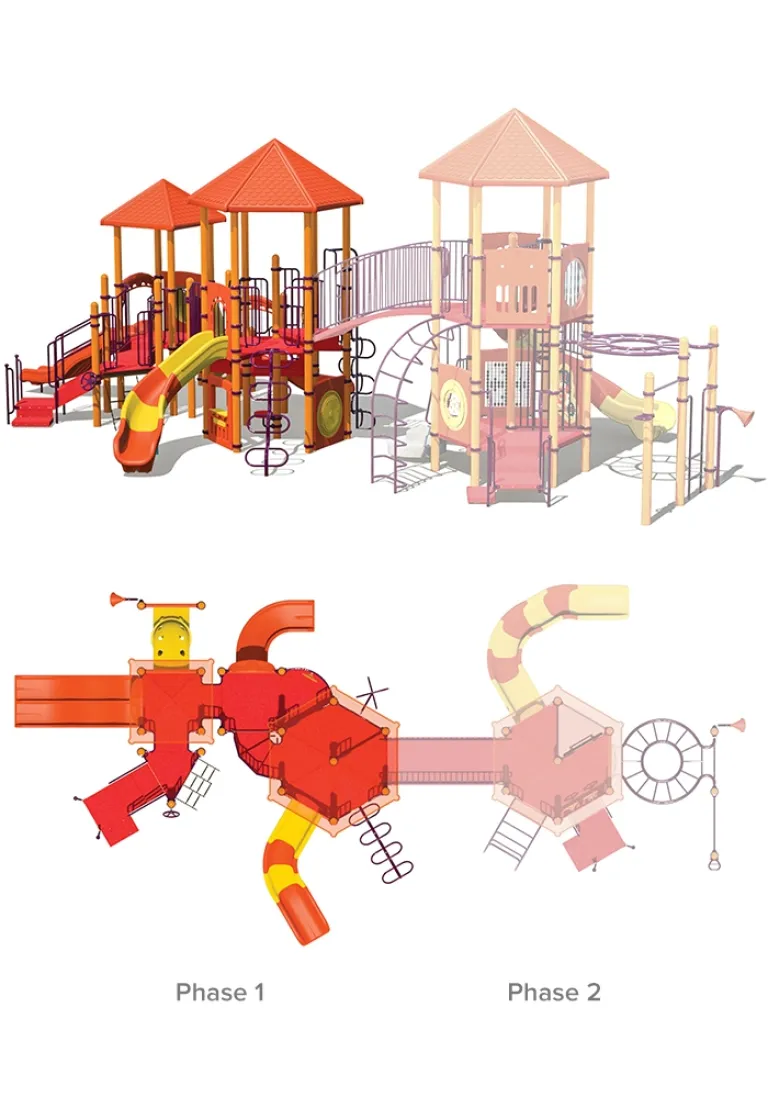 Two-phase playground design with multiple orange and red play structures, slides, and climbing features.
