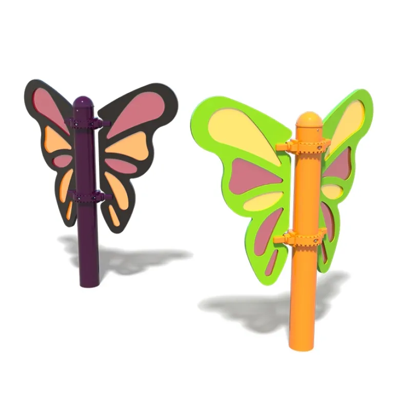 Two colorful butterfly-shaped selfie stations with purple and orange poles under bright lighting.