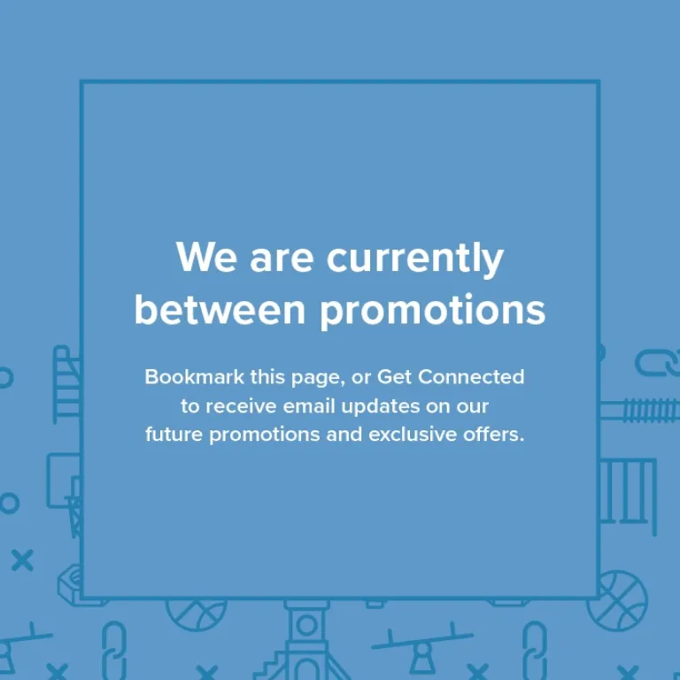 Blue promotional message about future offers with playground equipment outlines in the background.