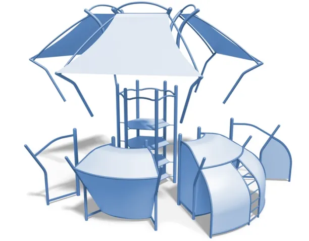 Exploded view of a modern playground structure with various blue components and a canopy.