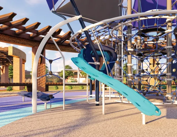 Turquoise slide extension attached to a rope net climbing structure with sail shade and pergola in the background.
