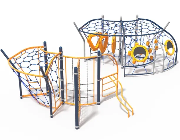 Colorful climbing structure with nets, ladders, and circular elements in blue and orange.