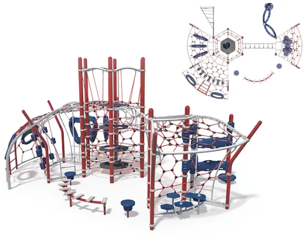 Playground structure with red and blue climbing nets and stepping platforms, shown with a layout diagram.