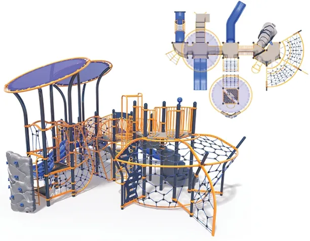 Complex playground structure with climbing nets and slides, predominantly blue and orange.