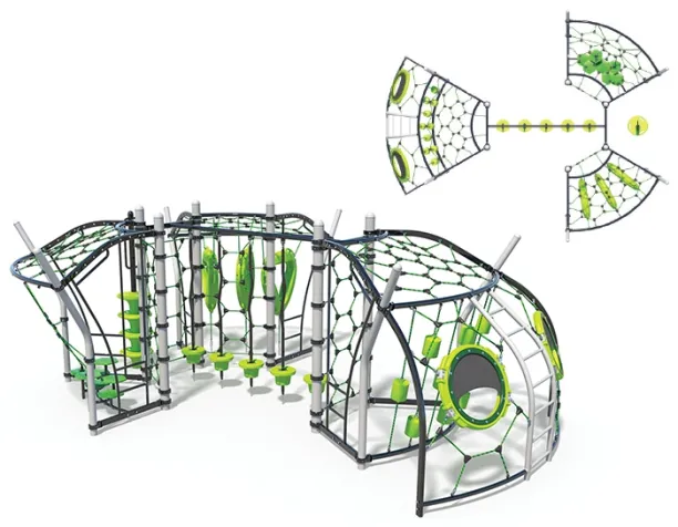 Complex green and black geometric climbing structure with ropes and circular elements.