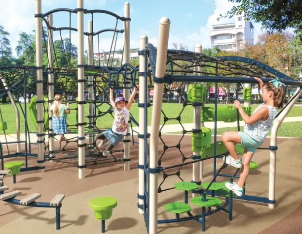 Children climbing on a black and green rope structure in a sunny playground.