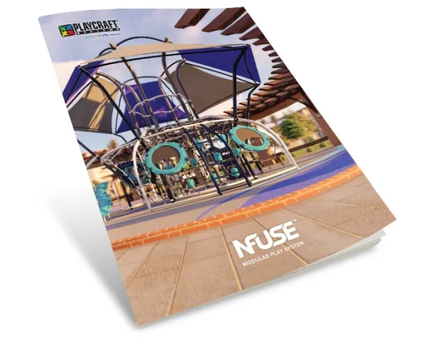 Playground system with shades and climbing structures on paved surface under bright sky.