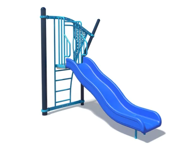 Blue wave slide with attached ladder and handlebars on a white background.