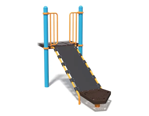 Inclined belt structure with blue posts and orange rails on a white background.