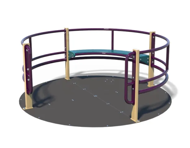 Purple and tan circular spinner with a teal bench on a gray surface.