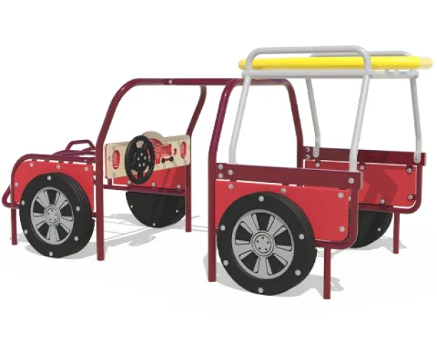 Red play vehicle structure with large black wheels and yellow roof details.