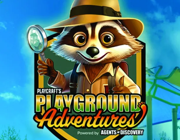 Raccoon in a safari hat holding a magnifying glass with 'Playground Adventures' text on a badge.