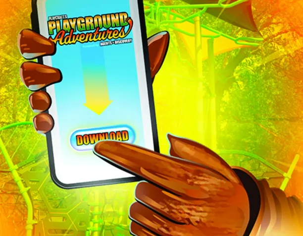Illustration of a hand holding a phone with a download button on a vibrant playground background.