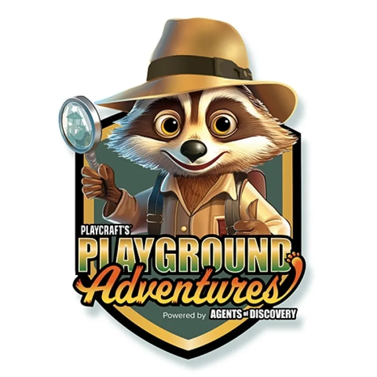 Cartoon raccoon explorer with a magnifying glass and hat, promoting Playground Adventures.
