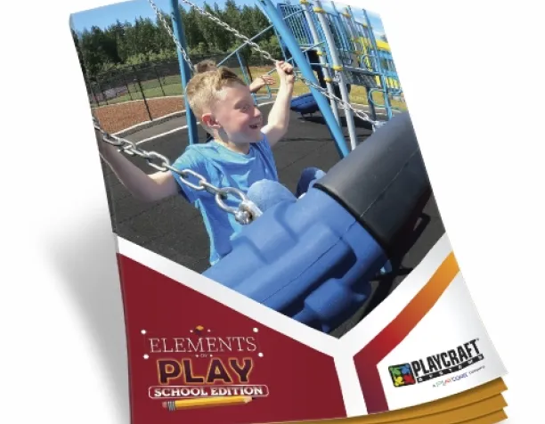 Smiling child holding onto playground chains with climbing equipment in the background.
