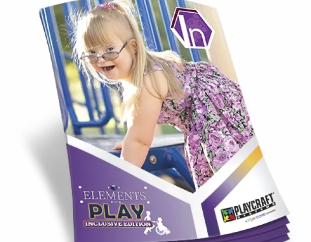 Smiling girl with glasses wearing a floral dress near blue playground equipment on a brochure cover.
