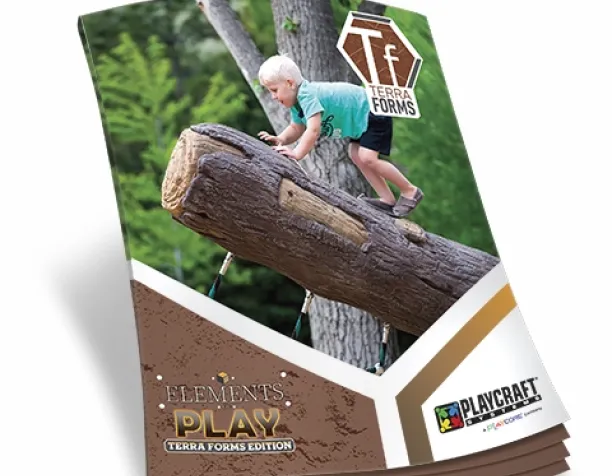 Child climbing on a faux tree trunk in a lush, green outdoor setting.