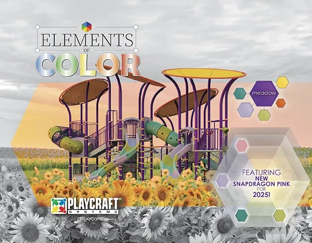 Colorful playground structure with slides and curved roofs among vibrant wildflowers under a cloudy sky.