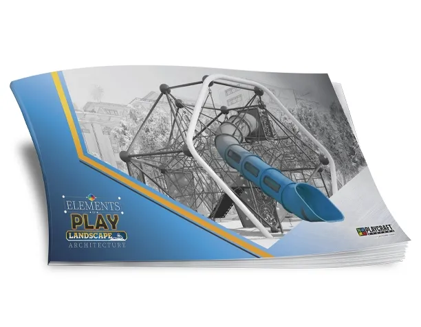 Booklet with a blue cover featuring a geometric climbing structure with a blue tubular slide.
