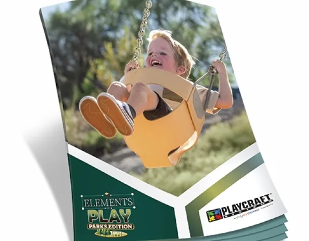Child joyfully swinging in a yellow bucket swing, with green and white booklet cover.