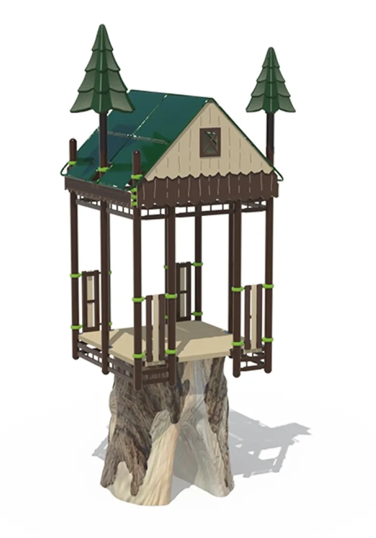 Treehouse structure with green roof and decorative trees on a faux wood base.