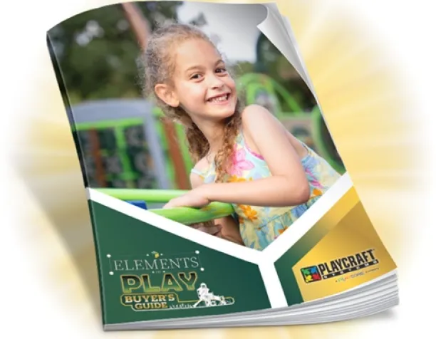 Smiling girl holding a green bar on the cover of a playground equipment buyers' guide.