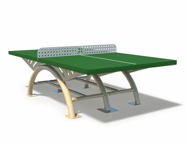 Green table tennis setup with a perforated metal net and beige arched supports.