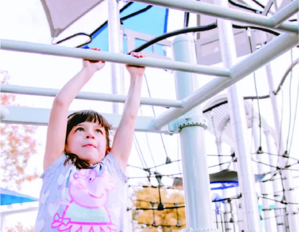 Young girl in a dress hangs from monkey bars with a focused expression.